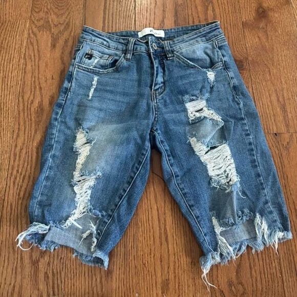 KanCan Distressed Blue Denim Bermudas - Picture 1 of 1